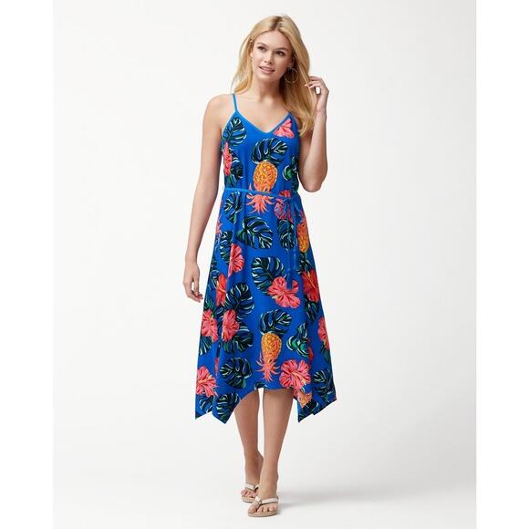 Tommy Bahama Piña Cool-Ada Midi Slip Dress Small Pineapple Blue Hawaiian - Picture 1 of 6